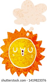 cartoon sun with thought bubble in grunge distressed retro textured style