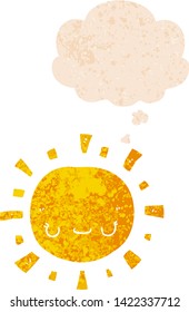 cartoon sun with thought bubble in grunge distressed retro textured style