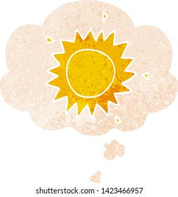 sol de dibujos animados con burbuja de pensamiento en un estilo retro angustiado con textura gruesa