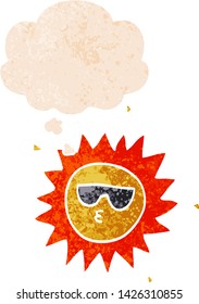 cartoon sun with thought bubble in grunge distressed retro textured style