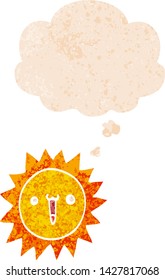cartoon sun with thought bubble in grunge distressed retro textured style