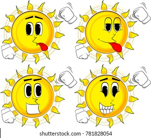 Cartoon sun threatening someone, shakes his fist at viewer. Collection with happy faces. Expressions vector set.