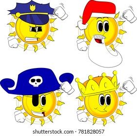 Cartoon sun threatening someone, shakes his fist at viewer. Collection with costume. Expressions vector set.