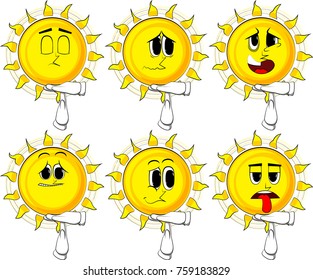 Cartoon sun with time out hand gesture. Collection with sad faces. Expressions vector set.