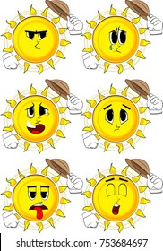 Cartoon sun tipping his hat. Collection with sad faces. Expressions vector set.