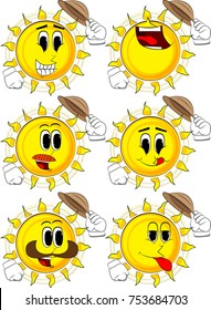 Cartoon sun tipping his hat. Collection with happy faces. Expressions vector set.