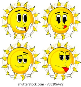 Cartoon sun touching his face. Collection with happy faces. Expressions vector set.