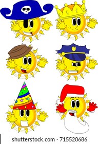 Cartoon sun is trying to scare you. Collection with costume. Expressions vector set.