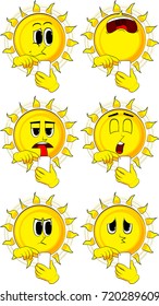 Cartoon sun using a mobile phone. Collection with sad faces. Expressions vector set.