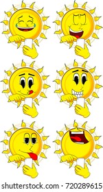 Cartoon sun using a mobile phone. Collection with happy faces. Expressions vector set.