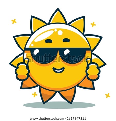 Cartoon sun vector with happy face. Perfect for summer, vacation, beach party, weather icons, and children’s designs. Bright, cheerful, and easy to customize.
