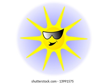 A cartoon sun vector illustration with a smiling yellow sun wearing sunglasses