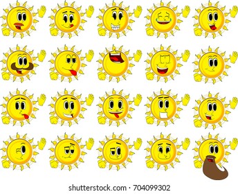 Cartoon sun with waving hands. Collection with happy faces. Expressions vector set.