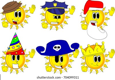 Cartoon sun with waving hands. Collection with costume. Expressions vector set.