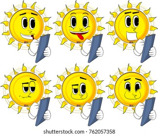 Cartoon sun writing on a books cover. Collection with happy faces. Expressions vector set.