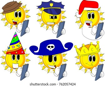 Cartoon sun writing on a books cover. Collection with costume. Expressions vector set.