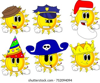 Cartoon sun writing with pencil. Collection with costume. Expressions vector set.