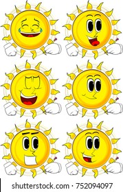 Cartoon sun writing with pencil. Collection with happy faces. Expressions vector set.