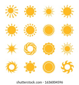 Cartoon sun. Yellow star pictogram suns icons, sunlight sunset or bright morning, summer highlight simple symbols vector set