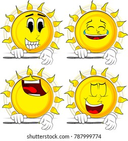 Cartoon sun zipping a banner. Collection with happy faces. Expressions vector set.