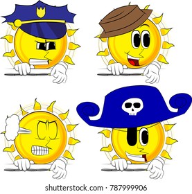 Cartoon sun zipping a banner. Collection with costume. Expressions vector set.
