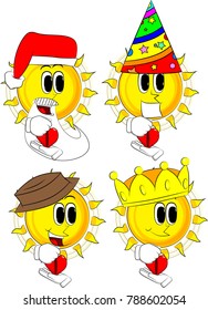 Cartoon sun zipping his heart. Collection with costume. Expressions vector set.