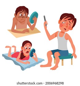 Cartoon Sunburn people, People in hot weather. Male and female characters suffer from heat, summer extreme hot weather