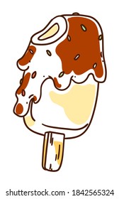 Cartoon sundae ice-cream in chocolate on stick on white