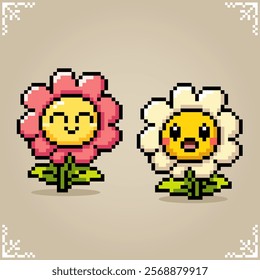 Cartoon sunflower in 8 bit pixel art. Kawaii flower pixel for game assets and cross stitch patterns in vector illustration.