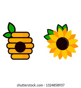 cartoon sunflower and bee house with leaves