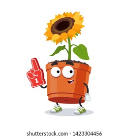 cartoon sunflower flower in a pot character mascot with the number 1 one sports fan hand glove on a white background