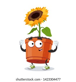 cartoon sunflower flower in a pot mascot shows its strength on a white background