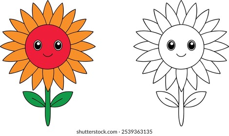 A cartoon sunflower with a happy face and green leaves is shown with a black and white outline for coloring. 