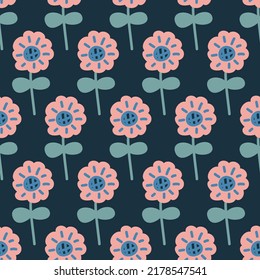 Cartoon sunflower on dark background simply cute seamless pattern