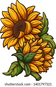 Cartoon sunflower plant with two flowers clip art. Vector illustration. 