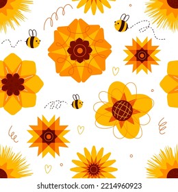 Cartoon sunflower seamless pattern. Cute honey bees with decorative sunny flowers, insects and oilseeds plants, summer print. Decor textile, wrapping paper, wallpaper swanky vector background