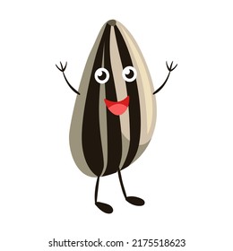 Cartoon sunflower seed. Cute characters, funny friendly walnut, pistachio, almond, hazelnut, macadamia, sunflower seed. Flat vector illustration food