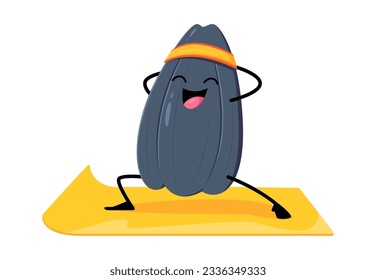 Cartoon sunflower seed happy character on yoga or fitness sport. Vector funny smiling personage pilates stretching. Healthy seed sitting on mat in asana pose, wellness class, health and mind balance