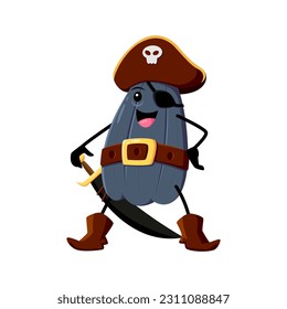 Cartoon sunflower seed pirate with saber. Fierce and bold corsair character ready to conquer the high seas with its sharp blade and salty attitude. Vector kernel wear eye patch and tricorn captain hat