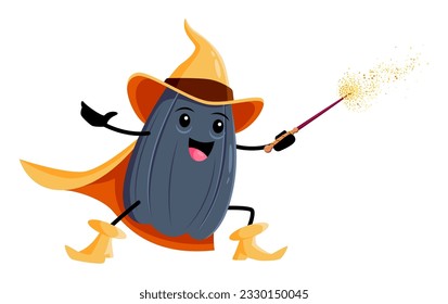 Cartoon sunflower seed wizard, witch and mage character with a wand using magic. Vector whimsical magician or sorcerer Halloween personage for children book, game, menu or promotion of healthy eating