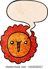 cartoon sunflower with speech bubble in retro texture style