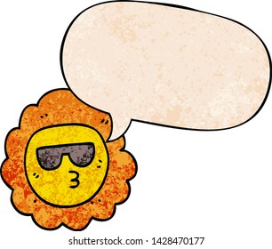 cartoon sunflower with speech bubble in retro texture style