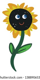 Cartoon sunflower with two eyes and smiling lips in the brown floral disc surrounded by yellow and orange florets on a stalk with two leaves is happy  vector  color drawing or illustration