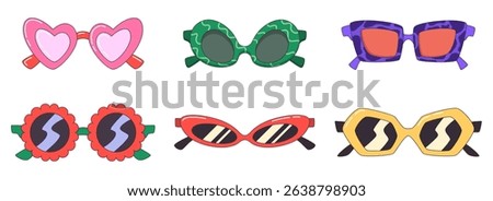 Cartoon sunglasses set with trendy frames and decorative patterns. Fun summer eyewear in various styles for beach vacation designs. Bright sticker pack for party props and seasonal decorations.