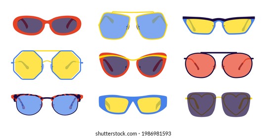 Cartoon-Sonnenbrille. Trendy Retro-Brillen-Kollektion, Mode-Sommerfarben-Accessoire, hipster-modische Brillen. Vektor-Kollektion