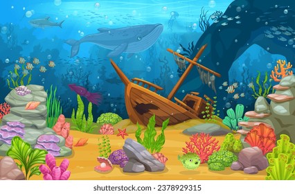 Caricatura hundida barco en el paisaje submarino del mar tropical. Vida oceánica, paisaje marino del fondo marino, animales marinos y vegetación o fondo de fauna silvestre profunda de los fondos marinos con buques hundidos, ballenas y algas