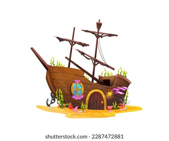 Cartoon sunken ship, underwater house building or pirate sailboat wrecks, vector, undersea home. Ship boat shipwrecks dwelling of aquatic creatures with door and window, sea or ocean sunken frigate