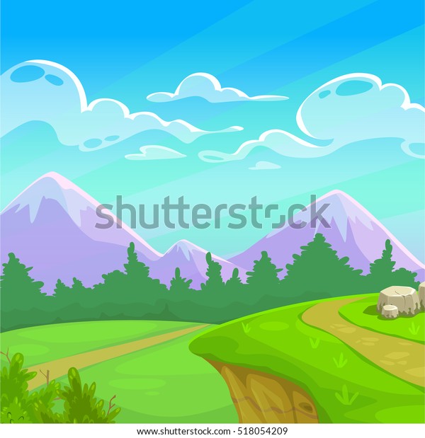 緑の牧草地 木 山 曇り空を背景にした漫画の晴れた日の風景 ベクター画像自然イラスト のベクター画像素材 ロイヤリティフリー
