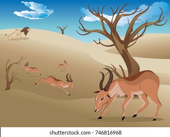 Cartoon sunny landscape with herd of antelopes.