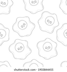Cartoon sunny side fried egg with cute face seamless pattern sketch template. Graphic food vector illustartion in black and white for games, decor. Breakfast coloring paper, page, story book, print 